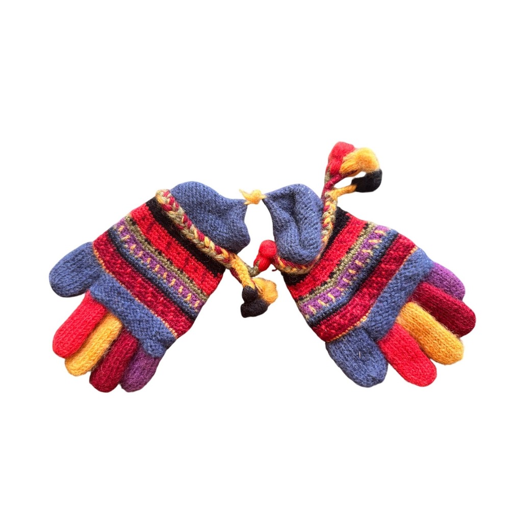 Newari Icelandic Design 100% Wool Handcrafted MultiColor Striped Gloves Pom Poms